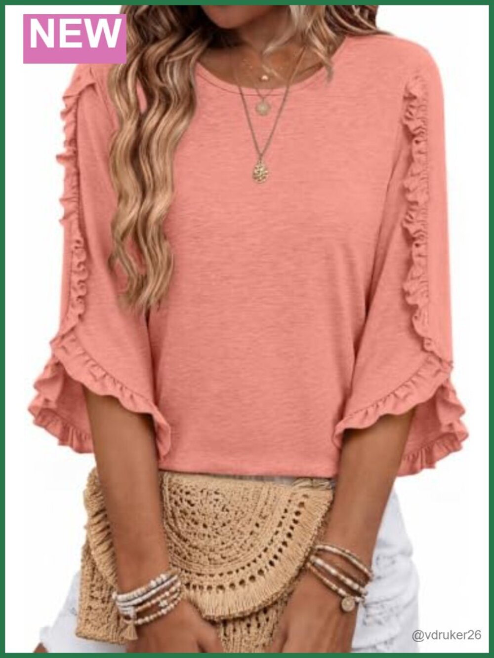 Womens 3/4 Sleeve Ruffle Blouse Crewneck Dressy Casual Tunic Top